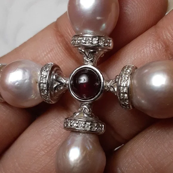 925 Genuine Pearls with Garnet Cabochons end Caps. - Picture 12 of 14